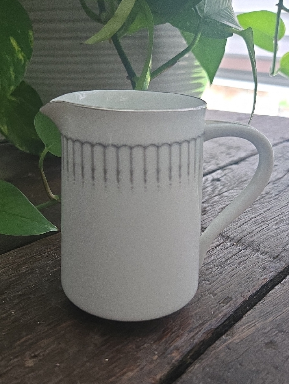 Noritake White Ceramic Creamer with Gray Scallop Trim